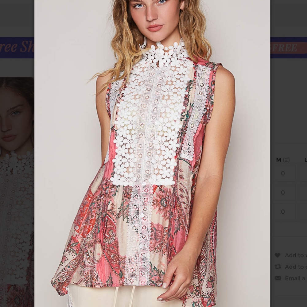 POL Floral Pink and White Lace Panel Sleeveless Button Down Top